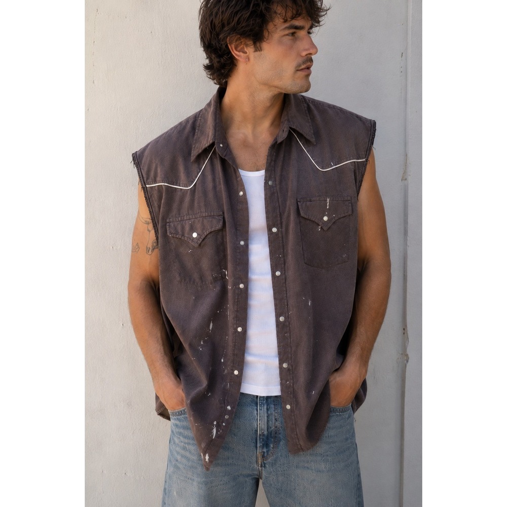 Ely Cattleman XL Pearl Snap Western Shirt Sleeveless Distressed Paint Splatter